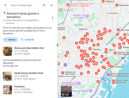 Mappa dei ristoranti senza glutine di Barcellona